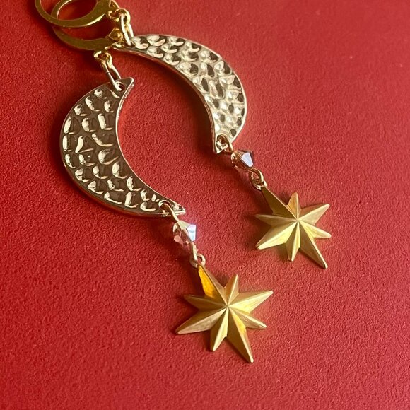Gold Crescent Moon and Star Celestial Dangle Earrings with Swarovski Crystals - Picture 5 of 6